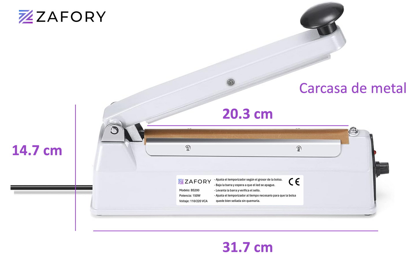 Bs200 Maquina Selladora De Bolsas 20cm Carcasa de Metal Zafory